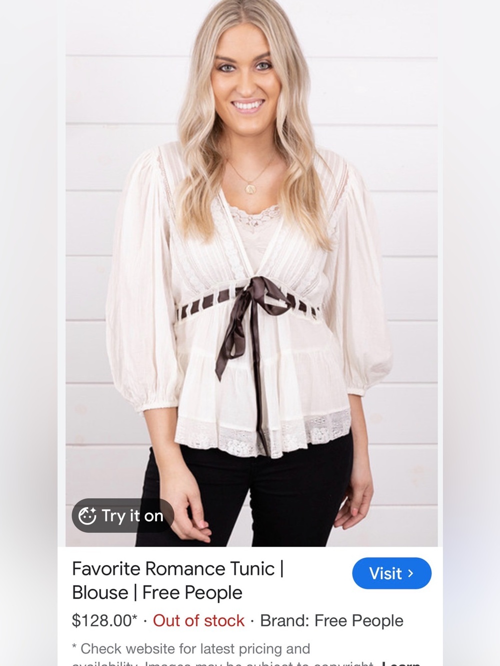 Free People Ivory Lace Peplum Blouse with Navy Ribbon MWOT - Picture 4 of 9